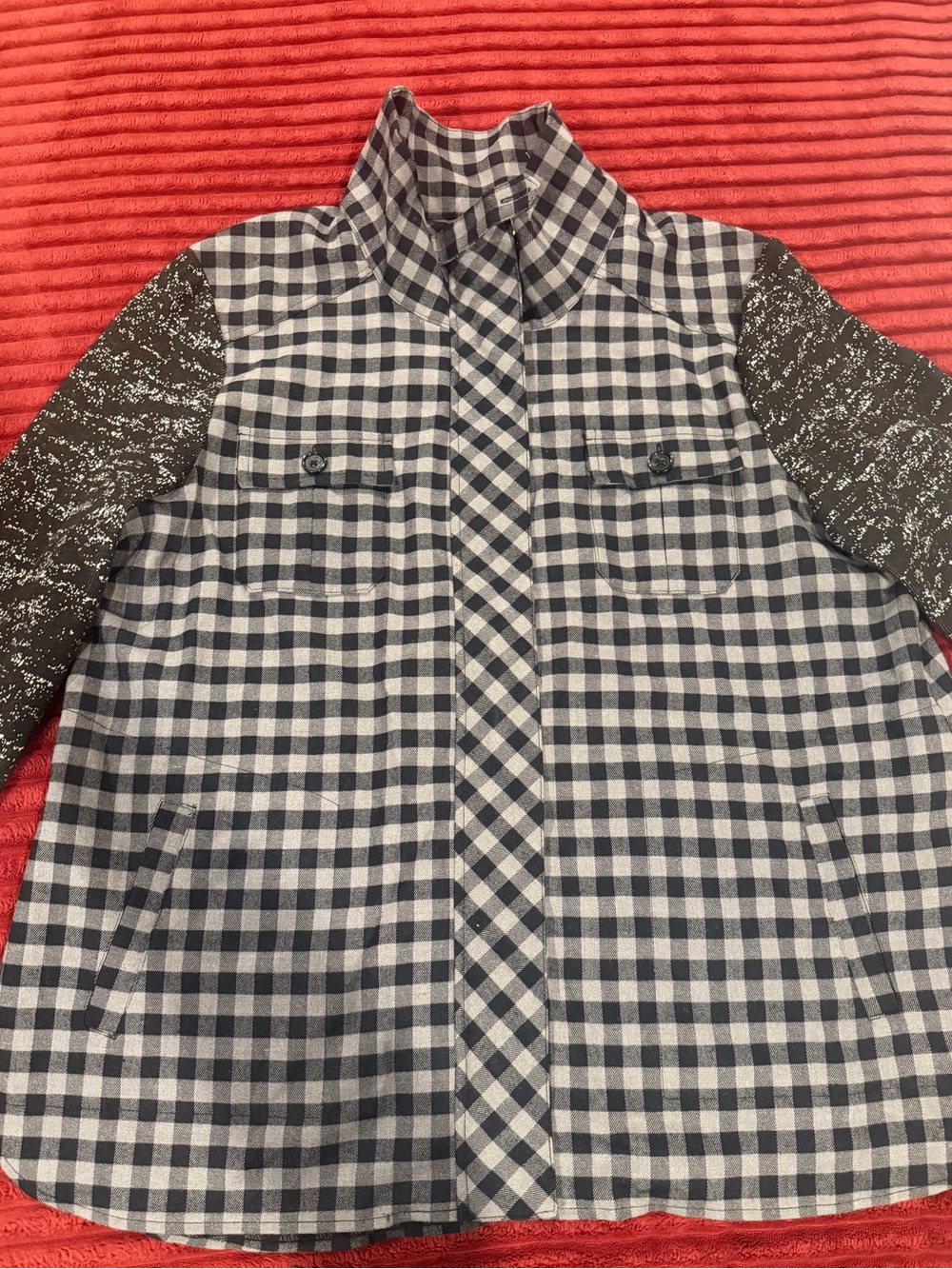 LOGO by Lori Goldstein plaid print jacket with sweater knit sleeves